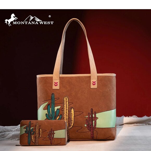 Montana West Handbags - Montana West Embroidered Desert Cactus Tote w/Wallet Set MW1309G-8317W